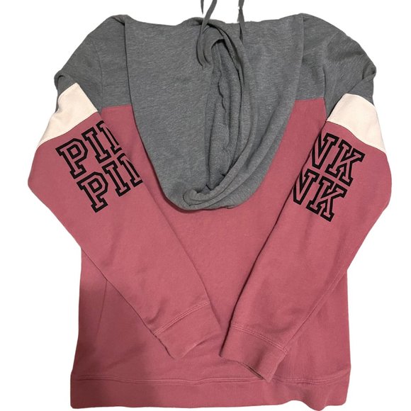 PINK Victoria's Secret Begonia Gray Gray Colorblock Cross Neck Pullover Hoodie - Picture 2 of 3